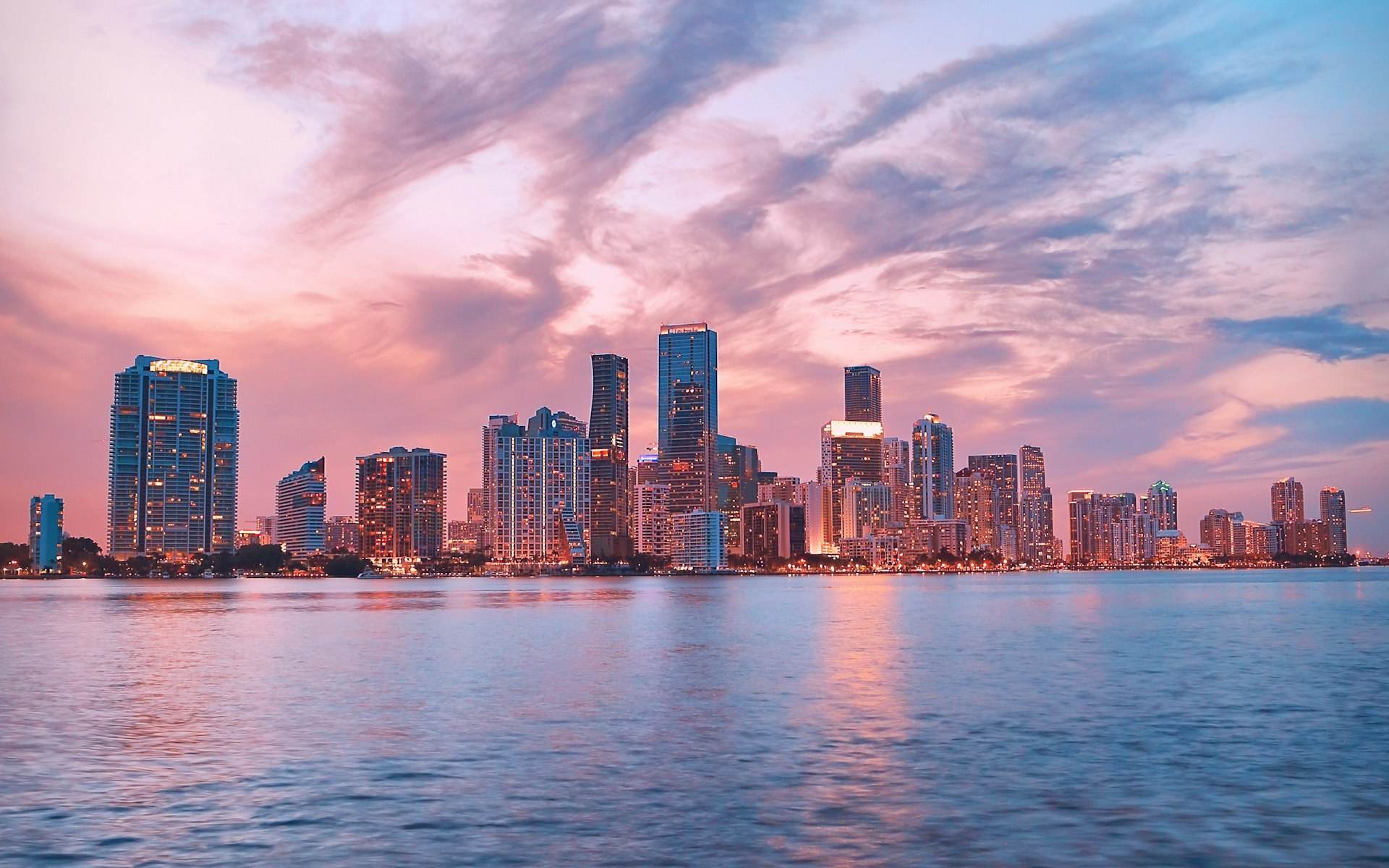 Miami skyline at dusk over Biscayne Bay