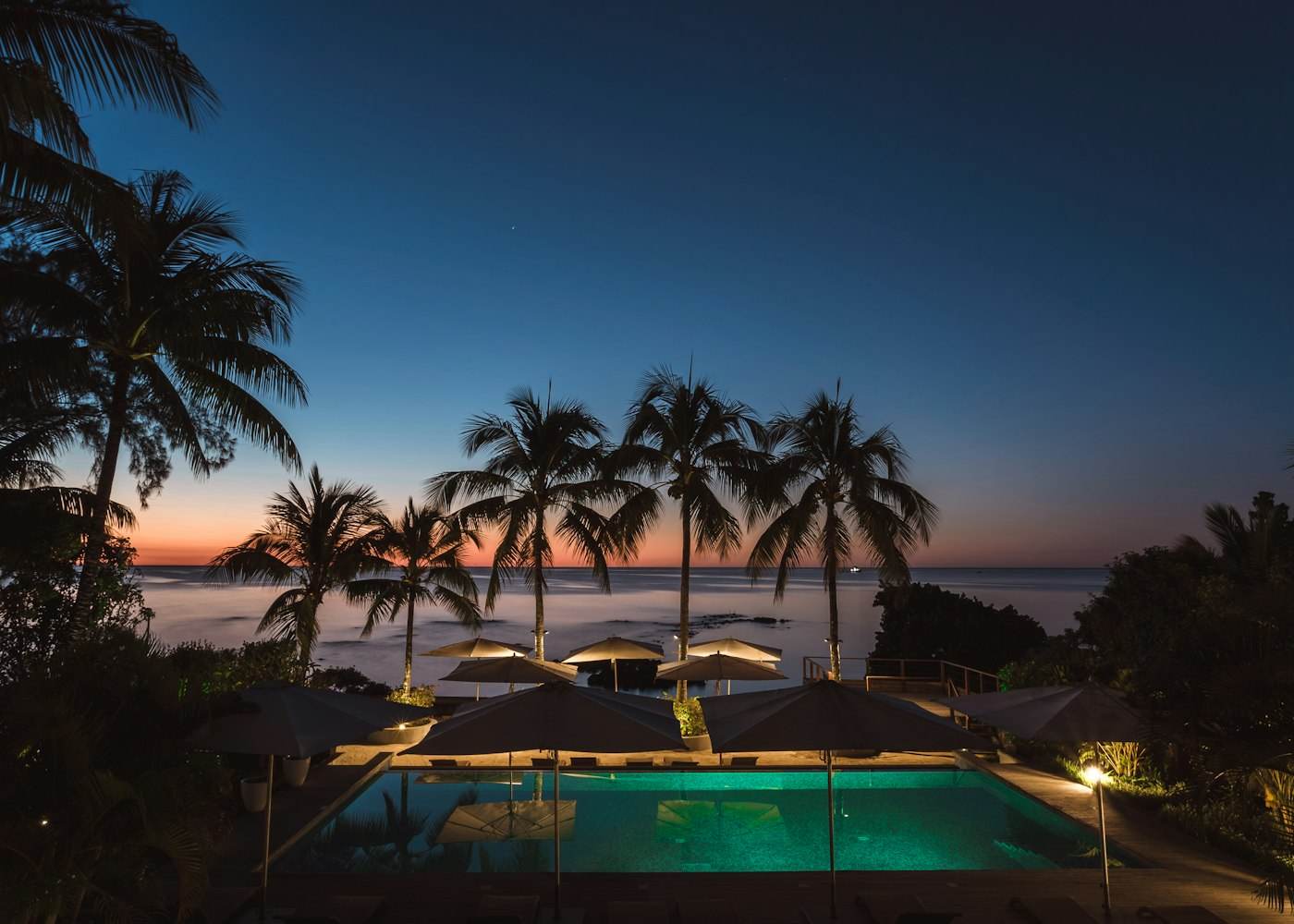 Florida waterfront at dusk with palm trees